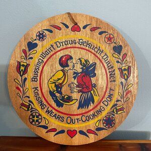 Vintage Wooden Trivet Pennsylvania Dutch Amish Kissing Wear Out Cooking Don't